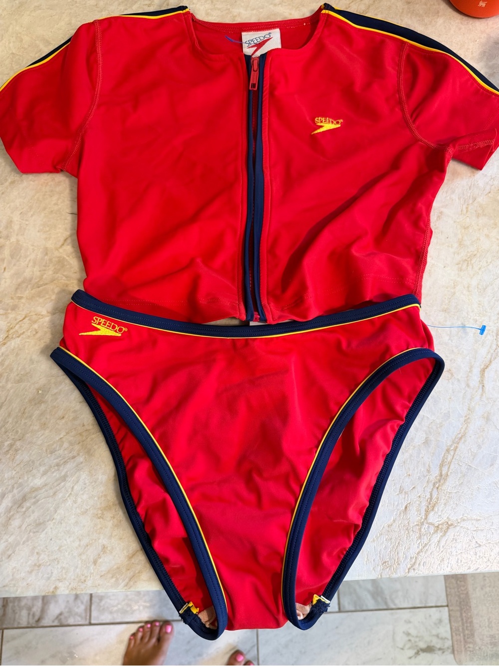 Vintage Speedo Red Zip-Front Two-Piece Swimsuit with Navy Trim